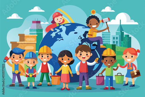 Colorful illustration of children from various backgrounds working together on a globe, World day against child labour Customizable Flat Illustration
