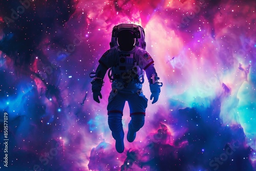 Silhouette of an astronaut floating in the vibrant colorful cosmic nebula. Space exploration and adventure in the universe.