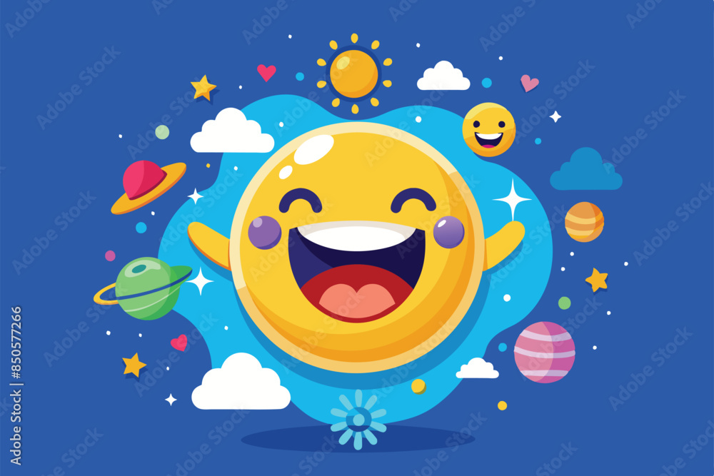 Fototapeta premium A fun illustration of a smiling emoji with a blue background and stars for World Emoji Day, World emoji day Customizable Semi Flat Illustration
