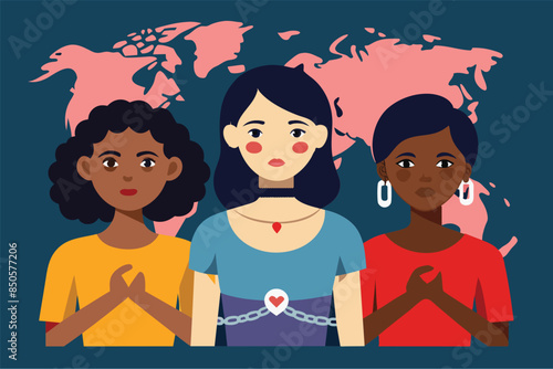 Three women stand united against human trafficking on World Day Against Trafficking in Persons, World day against trafficking in persons Customizable Flat Illustration