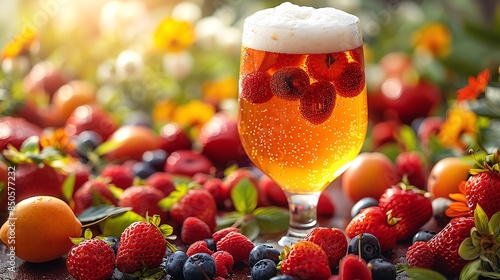 Beer with fruit Beer glass with an assortment of fresh fruit surrounding it