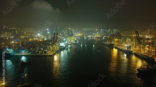 A nighttime port illuminated by the shimmering lights of the city skyline, containers and cranes glowing in the darkness