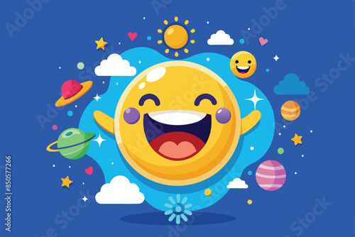 A fun illustration of a smiling emoji with a blue background and stars for World Emoji Day, World emoji day Customizable Semi Flat Illustration