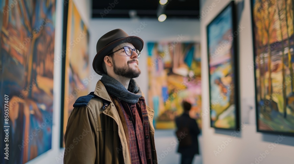 A man in a hat and glasses admires colorful paintings at an art gallery exhibit. A man in a hat and glasses admires colorful paintings at an art gallery exhibit.