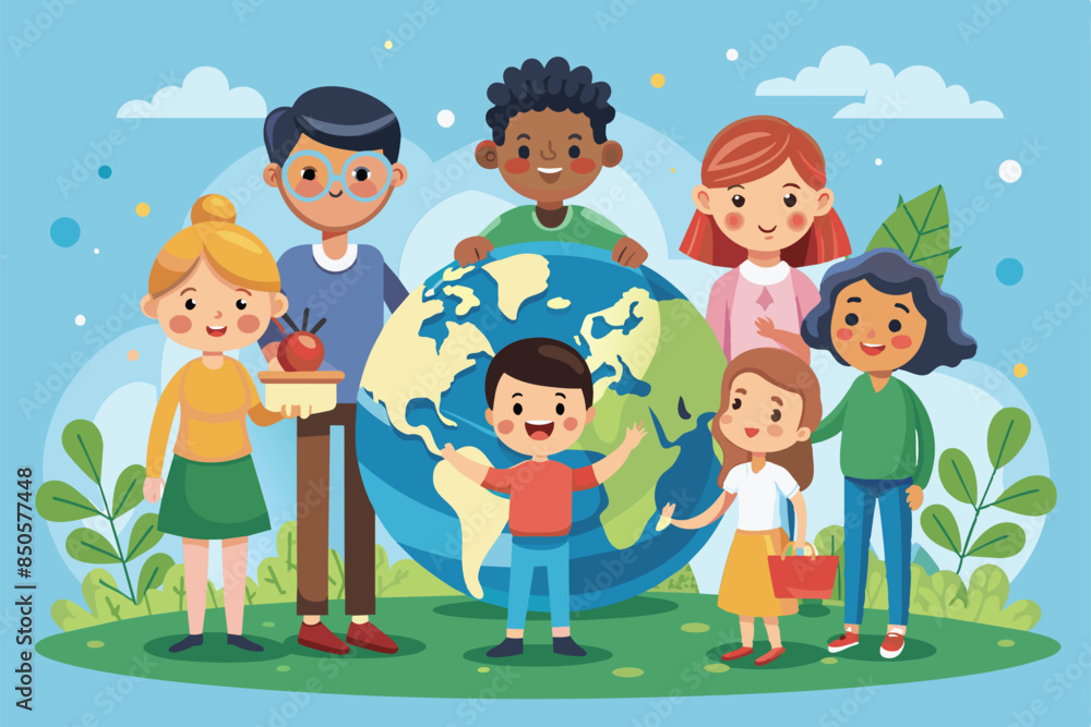 Cartoon illustration of a group of kids celebrating World Population Day, standing around a large globe, World population day Customizable Cartoon Illustration Cartoon illustration of a group of kids celebrating World Population Day, standing around a large globe, World population day Customizable Cartoon Illustration
