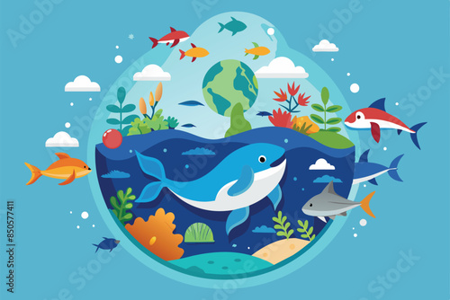 A vibrant illustration celebrating World Oceans Day, showcasing a whale, fish, and coral reef, World oceans day Customizable Flat Illustration