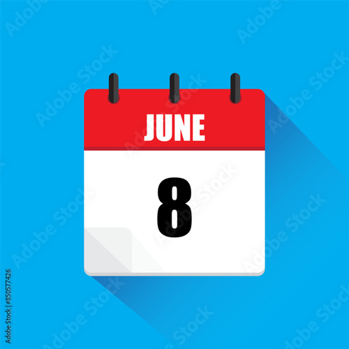 Calendar icon June. Red header June. Date number eight. Blue background.