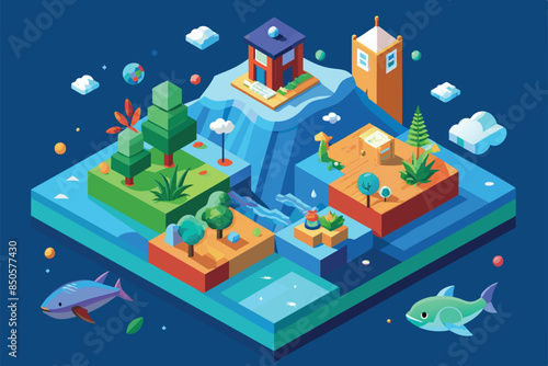Colorful isometric illustration celebrating World Oceans Day with a variety of aquatic and terrestrial elements, World oceans day Customizable Isometric Illustration