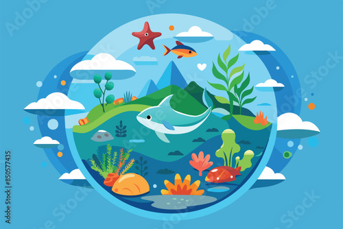 Illustrated graphic design celebrating World Oceans Day, featuring a blue dolphin swimming above coral and seaweed, World oceans day Customizable Semi Flat Illustration