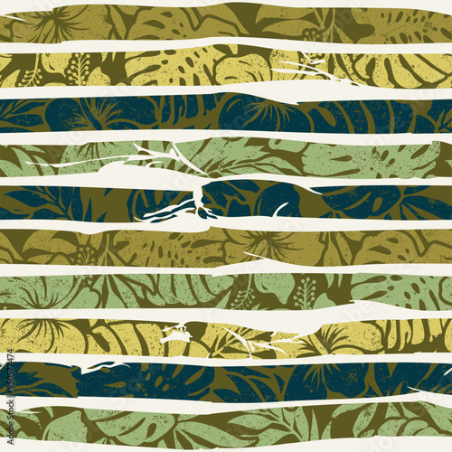 Abstract striped hibiscus flowers and tropical leaves vector seamless pattern for fabric shirt beach towel tablecloth pillow wrapping grunge effect in separate layer