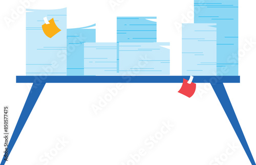 Blue table stacked papers folders. Office work environment overwhelmed paperwork. Organization concept document piles desks
