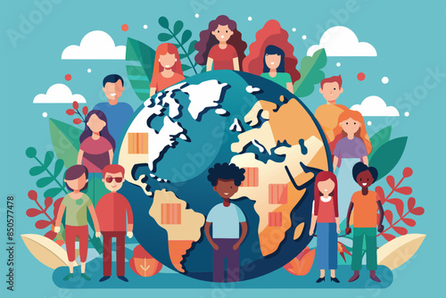 Colorful illustration depicting diverse people standing around a globe, celebrating World Population Day, World population day Customizable Disproportionate Illustration