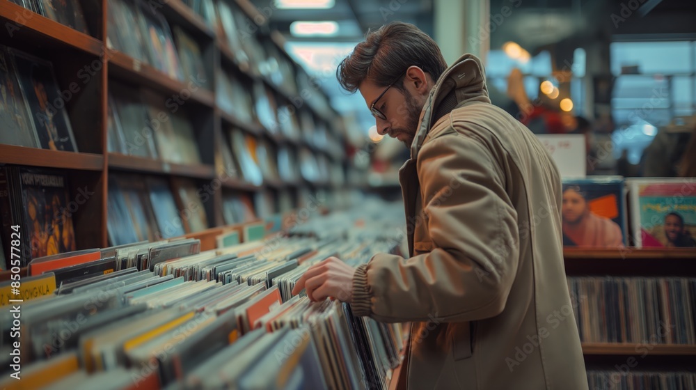 A man browses through vinyl records in a cozy record store, searching for his next great find. A man browses through vinyl records in a cozy record store, searching for his next great find.