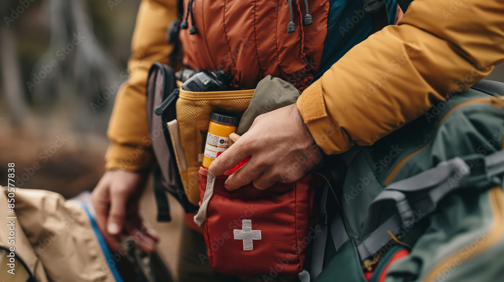 Close-up of a male hand pulling a small first aid kit from a backpack pocket, surrounded by organized camping gear
