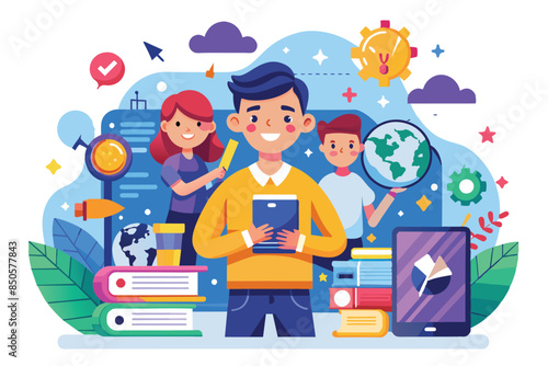 Vibrant illustration of 3 youths learning together, highlighting importance of skill development for a bright future, World youth skills day Customizable Flat Illustration