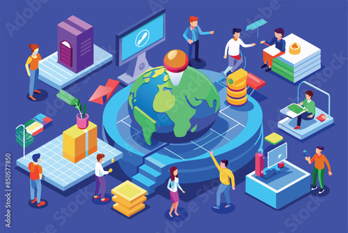 An isometric illustration depicting young people working together on various projects around the globe, World youth skills day Customizable Isometric Illustration