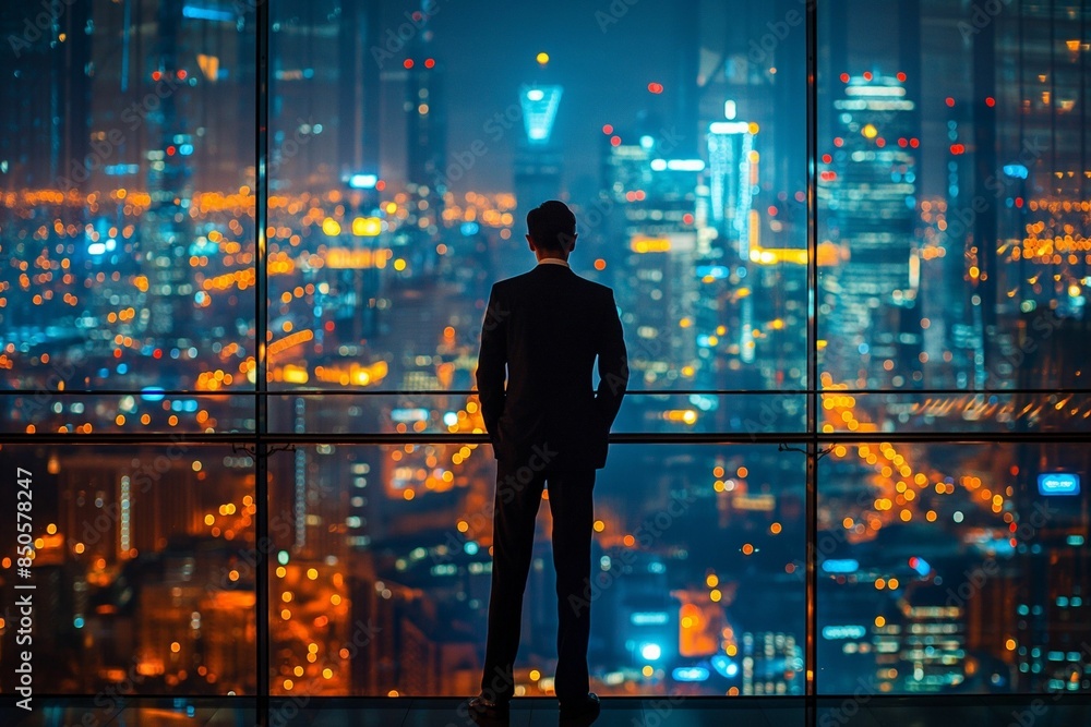 AI-generated illustration of a businessman standing in front of a window overlooking a cityscape AI-generated illustration of a businessman standing in front of a window overlooking a cityscape