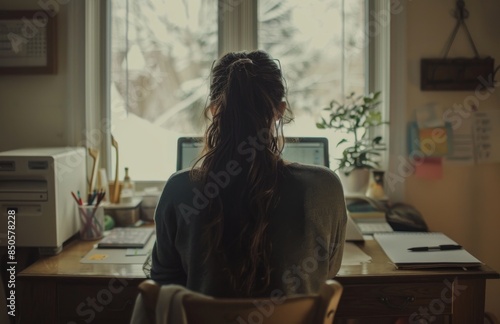 Anonymous woman sitting at her desk looking at a laptop