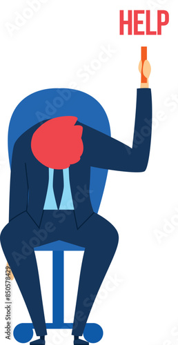 Cartoon businessman seeking help, holds sign HELP. Redheaded, suit, stressful work concept illustration. Office worker overwhelmed, mental health support vector graphic