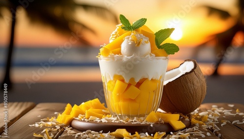 A layered ice cream parfait with coconut, mango, and pineapple flavors, garnished with fresh
