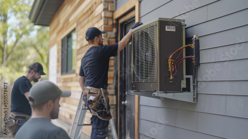 Detailed photo capturing an air source heat pump mounted on the exterior wall of a newly constructed home, with technicians performing the final installation steps photo