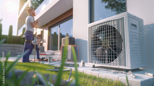 Dynamic photo of technicians installing an air source heat pump outside a new house, with equipment and tools in the background photo