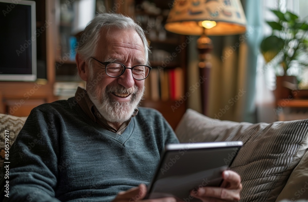 Elderly man smiling while using a tablet at home Elderly man smiling while using a tablet at home