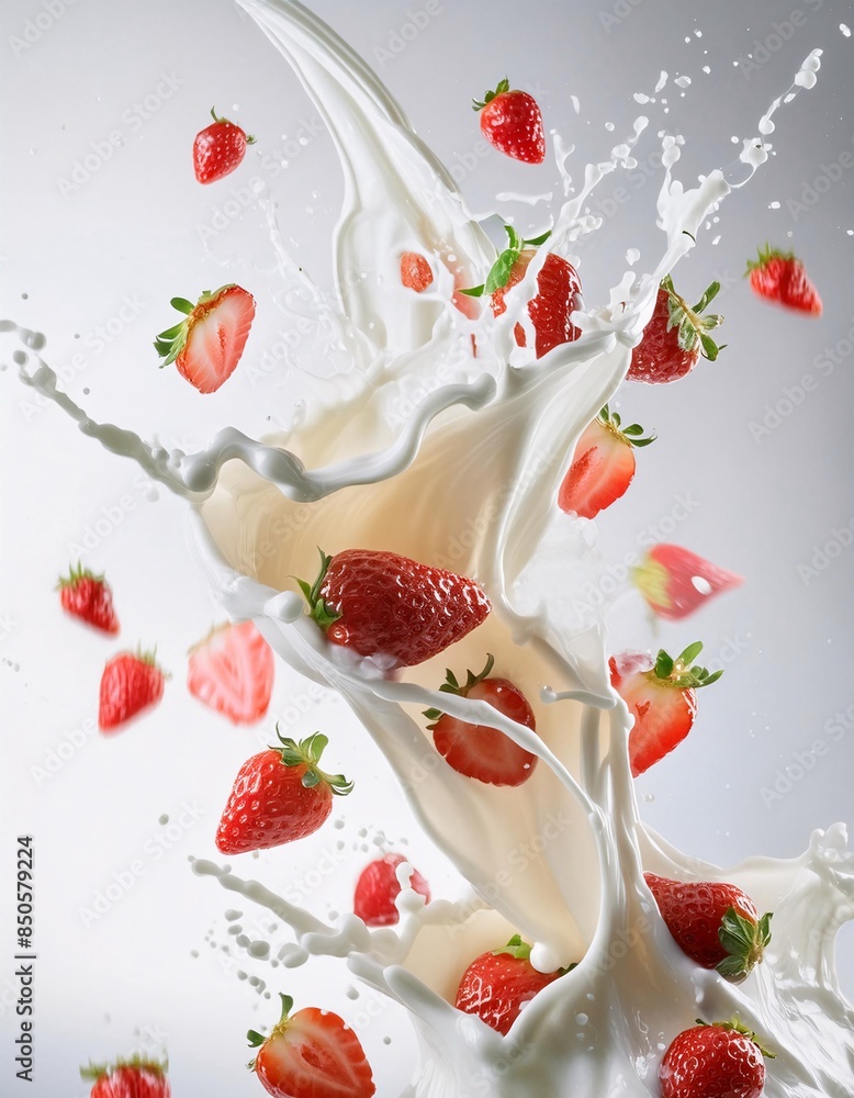 Dynamic splashes of milk with fresh strawberries flying through the air, all set against a clean white background , AI generative Dynamic splashes of milk with fresh strawberries flying through the air, all set against a clean white background , AI generative