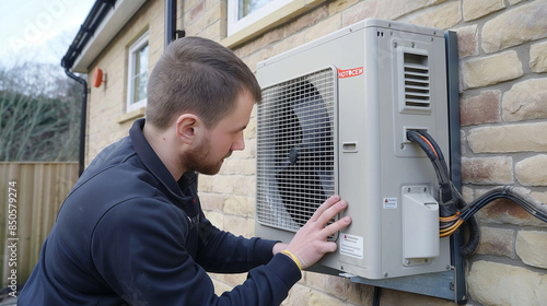 Close-up of a technician securing an air source heat pump outside a newly constructed house, focusing on the precision of the work