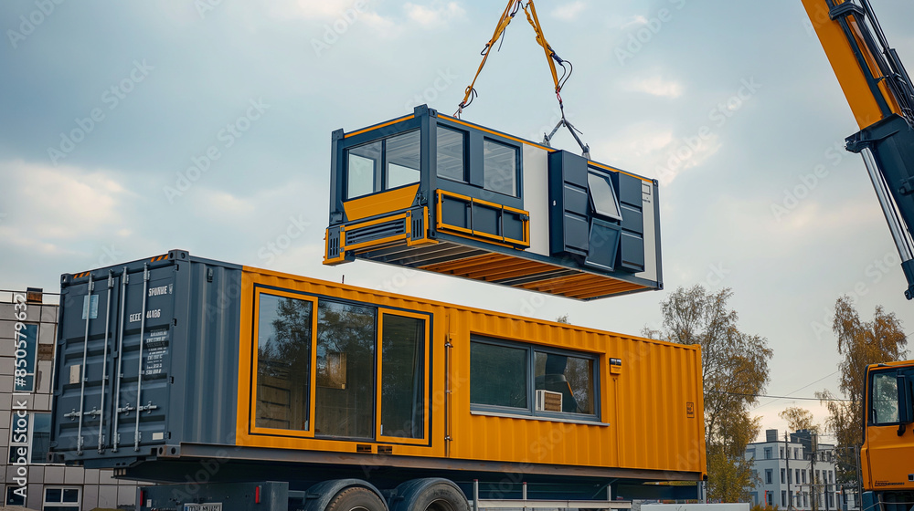 Crane truck unloading a container office unit at a modular construction ...
