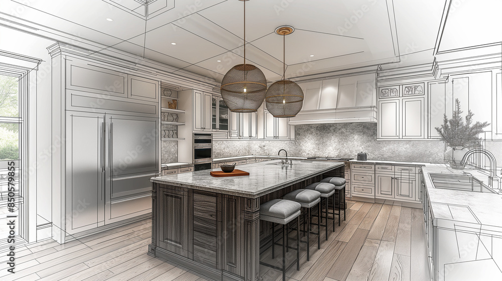 High-detail photo of a modern kitchen with a sketch overlay of custom ...