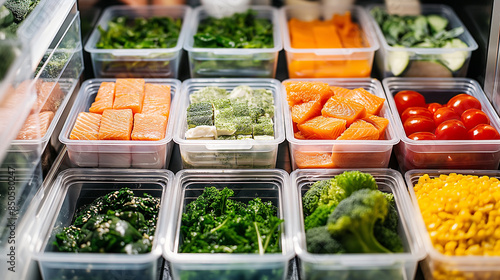 An organized fridge packed with colorful lunch boxes, each containing portions of leafy greens, grilled salmon, and brown rice for a week of healthy meals photo