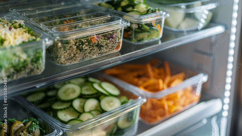 A well-stocked fridge packed with healthy lunch boxes, highlighting meals like quinoa salads, sliced cucumbers, carrot sticks, and apple slices A well-stocked fridge packed with healthy lunch boxes, highlighting meals like quinoa salads, sliced cucumbers, carrot sticks, and apple slices