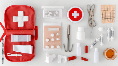 Flat lay of an open first aid kit on a white background, with neatly arranged bandages, antiseptic wipes, and medical scissors photo