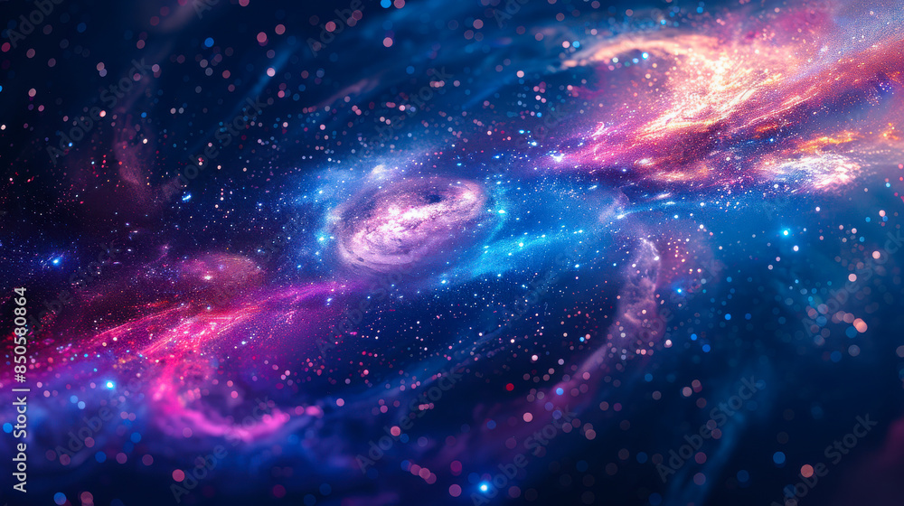 Obraz premium A vibrant abstract illustration depicting a swirling galaxy filled with bright stars, colorful nebulae, and cosmic dust. The artwork showcases the beauty of outer space.