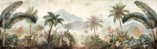 Tropical forest landscape wallpaper design - Mural wallpaper - 3D illustration. AI generated illustration