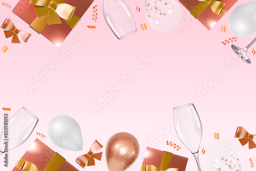 Realistic rose gold gift box with glasses and balloons celebration design