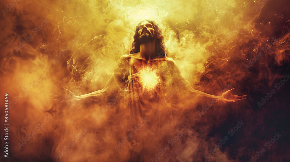 Fototapeta premium A dramatic depiction of Jesus Christ enveloped in golden smoke, with a radiant light emanating from his heart