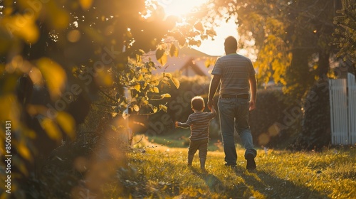 Father and son walking in the garden at sunset © Creation