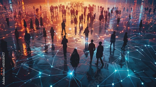 A nighttime scene featuring a crowd connected by a digital network of lines, with an ambiance of a futuristic city photo