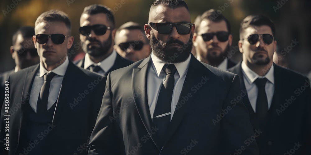 Mafia boss and bodyguards at public event exuding power and danger. Concept Mobster Aesthetics, Intimidating Photo Shoot, Crime Boss Style, Gangster Glamour, Street Style Photography Mafia boss and bodyguards at public event exuding power and danger. Concept Mobster Aesthetics, Intimidating Photo Shoot, Crime Boss Style, Gangster Glamour, Street Style Photography