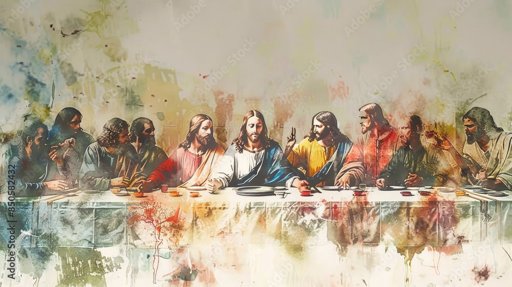 A painting depicting Jesus and his disciples gathered around a table ...