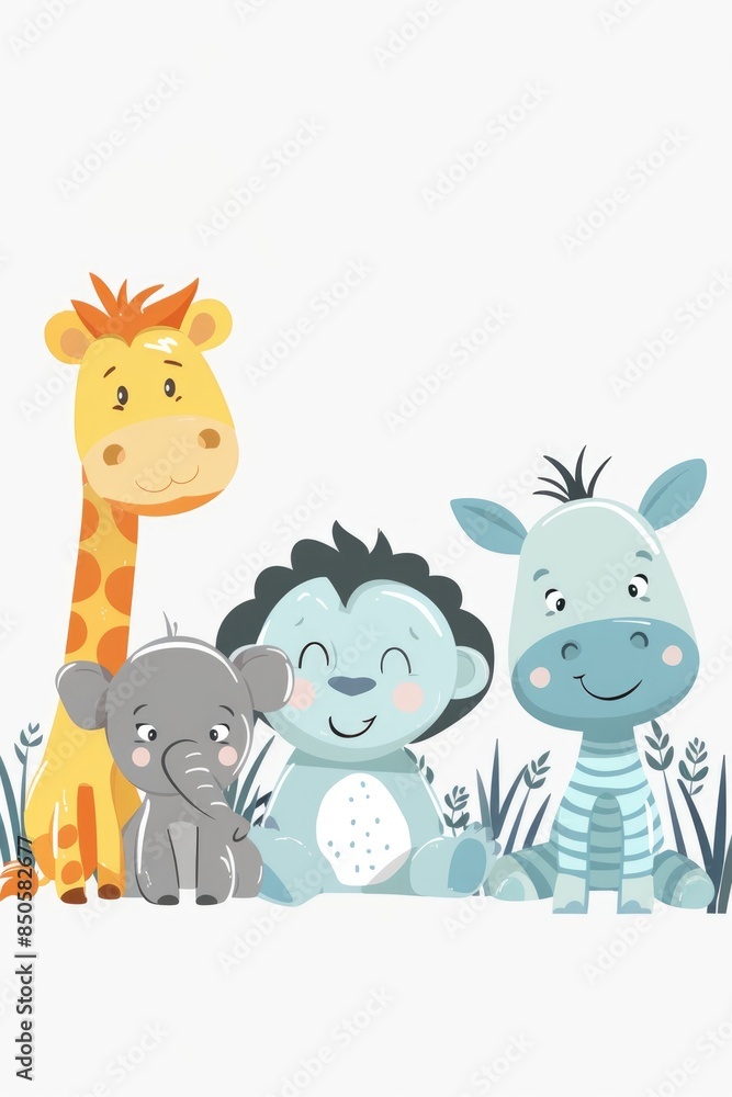 Naklejka premium Adorable Safari Animals Cartoon Illustration for Children's Decor