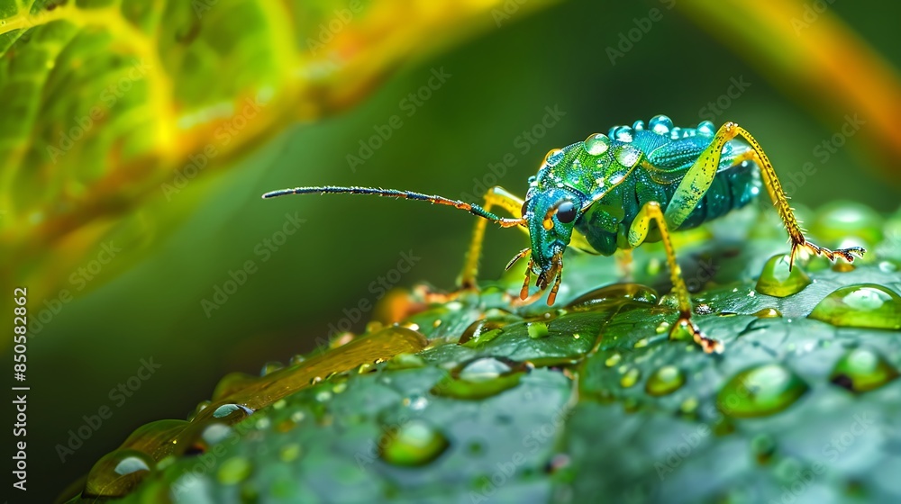 Naklejka premium Colorful water drop on the insect under the leaf
