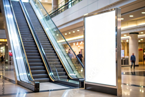 Escalator Side Panel Signage Mockup with blank white copy space on blured shopping mall background 