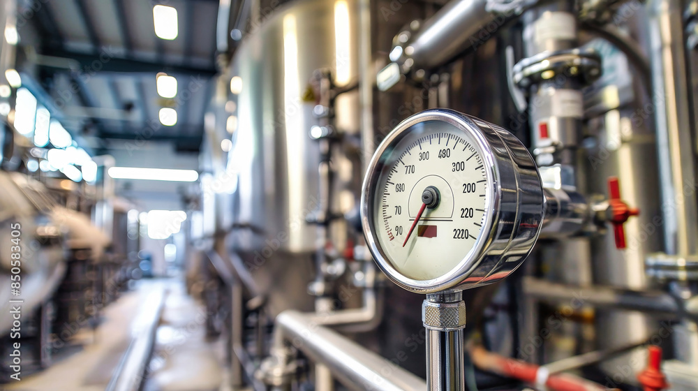 A close-up image of a temperature gauge mounted in an industrial setting, likely used for monitoring and controlling the temperature within a production process A close-up image of a temperature gauge mounted in an industrial setting, likely used for monitoring and controlling the temperature within a production process