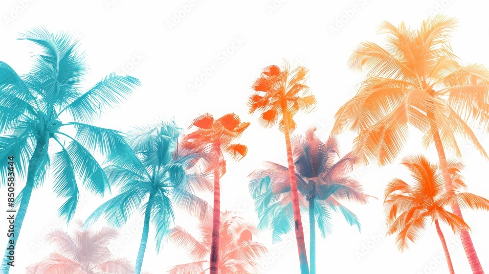 Tropical palm trees, colorful palm trees on a white background, beach and vacation Tropical palm trees, colorful palm trees on a white background, beach and vacation