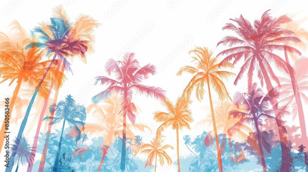Obraz premium Tropical palm trees, colorful palm trees on a white background, beach and vacation