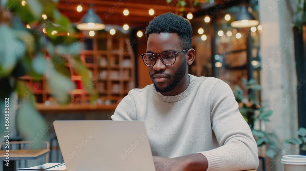 A man in glasses and a sweater works on a laptop in a cozy, modern café with warm lighting. A man in glasses and a sweater works on a laptop in a cozy, modern café with warm lighting.