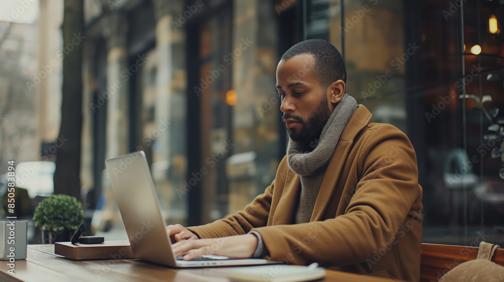 Man working on laptop at outdoor cafe in winter coat and scarf. Man working on laptop at outdoor cafe in winter coat and scarf.